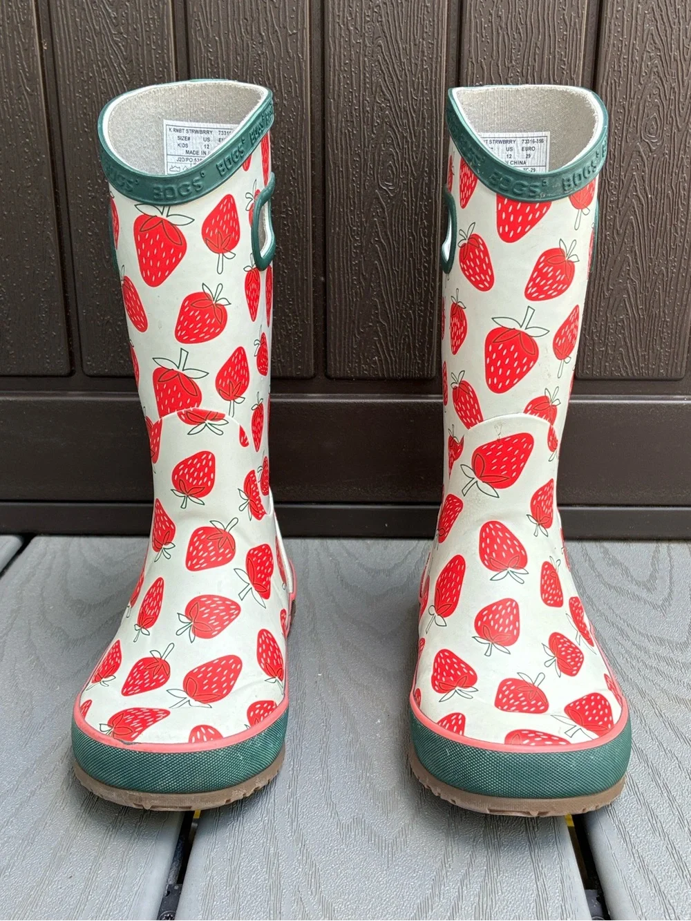 BOGS Kids Rain Boots Strawberry Print White Red Green Size 12